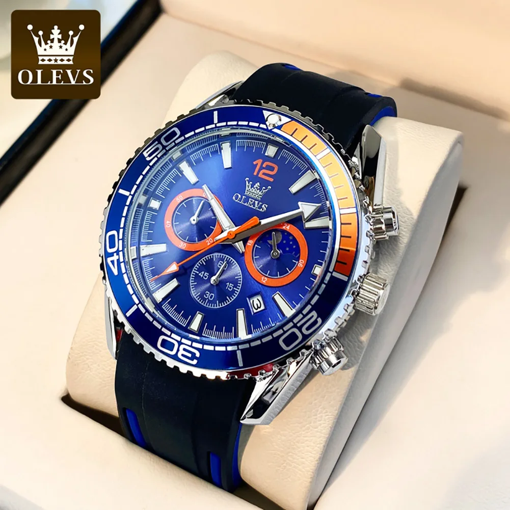 OLEVS 9916 Original Watch for Men Chronograph Calendar Analog Silicone Strap Wristwatch 24 Hour Moon Phase Hombres RelojDropship