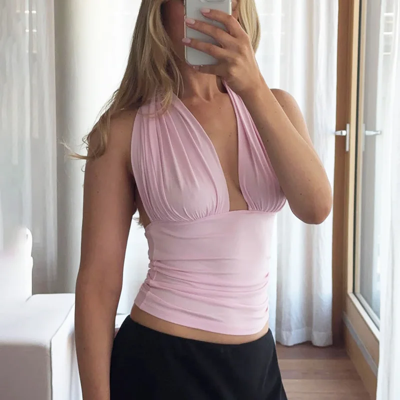 

Ticketsx Sexy Plunge Backless Camisole Women's Summer Lace Up Ruched Patchwork Tanks Top Fashion Streetwear Vacation Female Tops