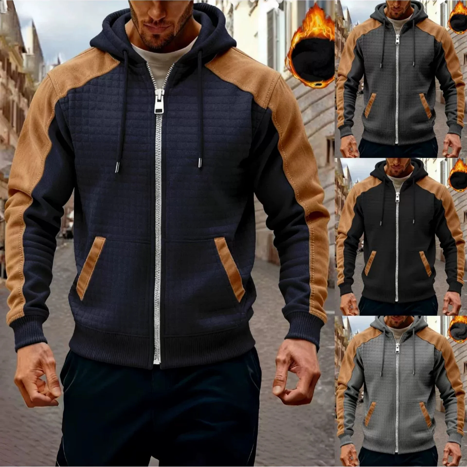 

Men's Casual Zipper Hooded Sweatshirt Warm Cozy Streetwear Fashion Small Check Pattern Autumn Winter Sports Hoodie