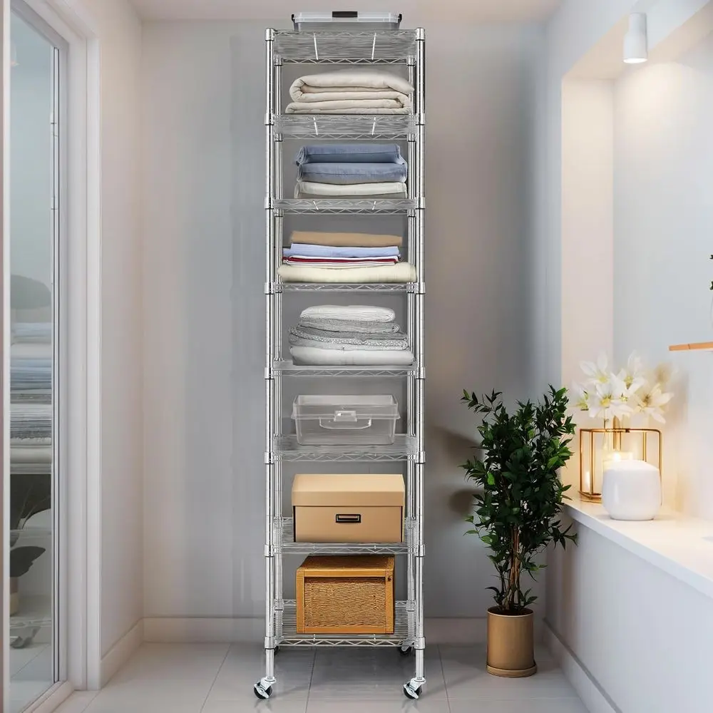 18 x 18 x 78,7 Zoll robustes, 8-stufiges, verstellbares Stahldrahtregal mit Rädern, NSF-zertifiziert für die Speisekammer