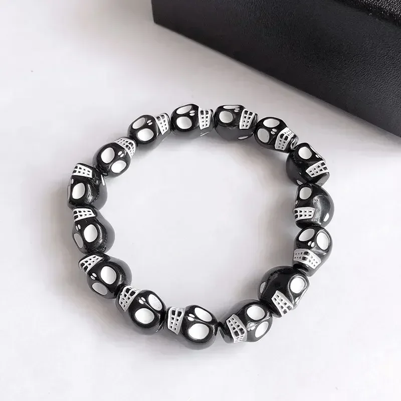 Punk Goth Skull Skeleton Bracelets for Women Men Hip Hop Elastic Beaded Bracelets Bangles Handmade Halloween Jewelry