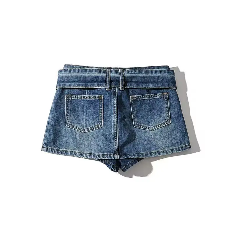 Sexy ort jupe trapèze taille haute Denim ceinturée femmes rue Sle Anti-lumière Super ort jupe pantalon rétro taille large...