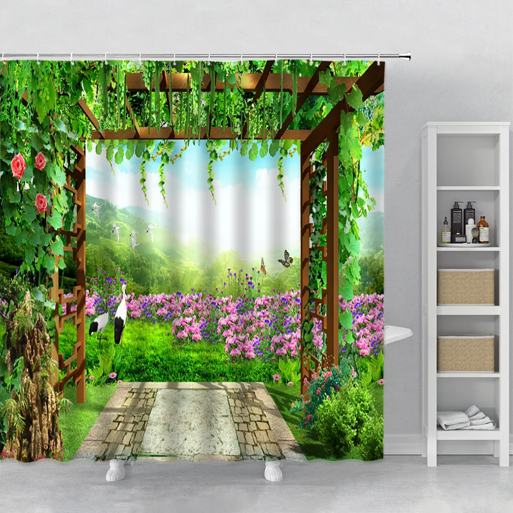 3D Grape Flower Stand Shower Curtain Europ Pastoral Scenery Home Background Hanging Cloth Polyester Bathroom Decor Bath Curtain