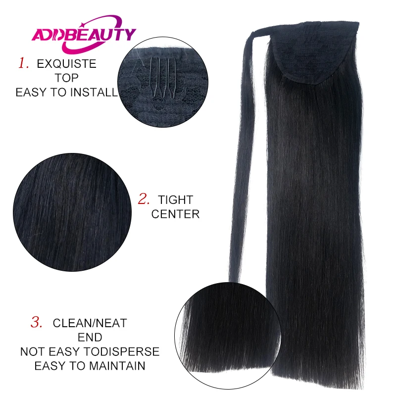 Addbeauty-Extensión de cabello humano con cola de caballo recta para mujeres negras, postizo Natural, Clip con cordón