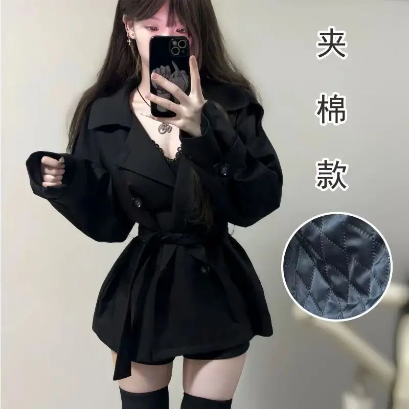 

Fashion Trench Coat Double-breasted Black Tops Slim Waist Casual Outwear 2024 Ropa Mujer Streetwear Thicked Jackets For Women