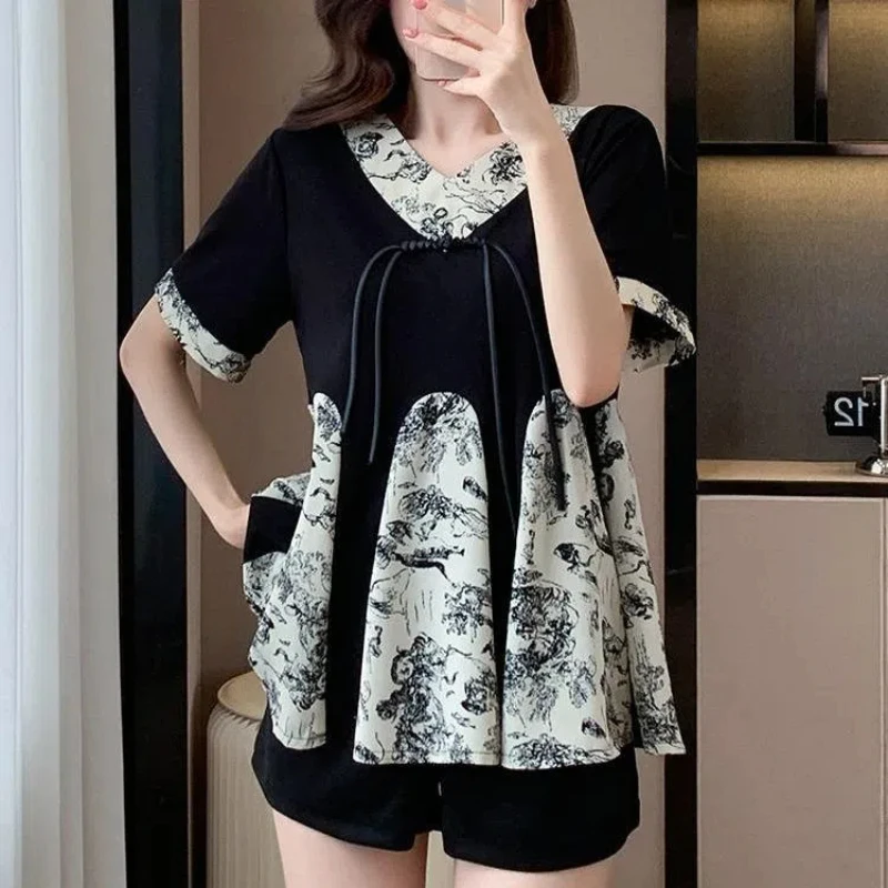 Summer New Floral Short Sleeve Contrast Patchwork Loose Blouse Print Plus Size Vintage Shirt Tops Fashion Elegant Women Clothing