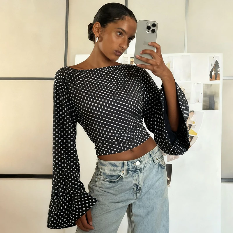

TARUXY Polka Dot Flare Long Sleeve Top For Women Close Waist Bandage Casual T shirt Fashion Print Female Pullover T shirt 2025