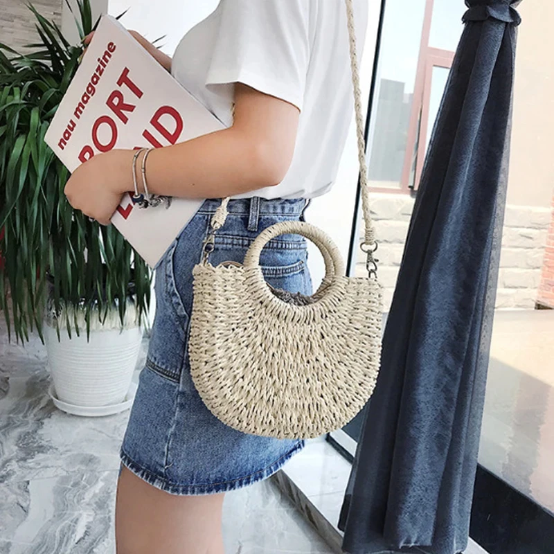 2024 Summer Handmade Bags for Women Beach Weaving Ladies Straw Bag Wrapped Beach Bag Moon shaped Top Handle Handbags Totes