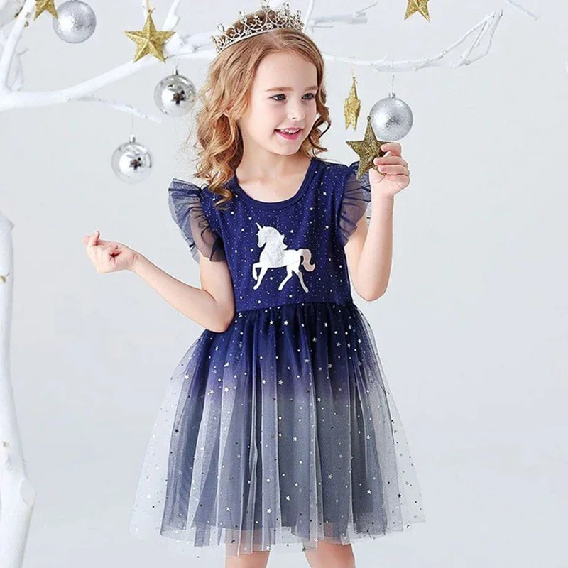 2025 New Girls Dress Gauze Princess Dresses Flying Sleeve Kids Clothes Unicorn Party Baby Dresses for Children Clothing Carnival