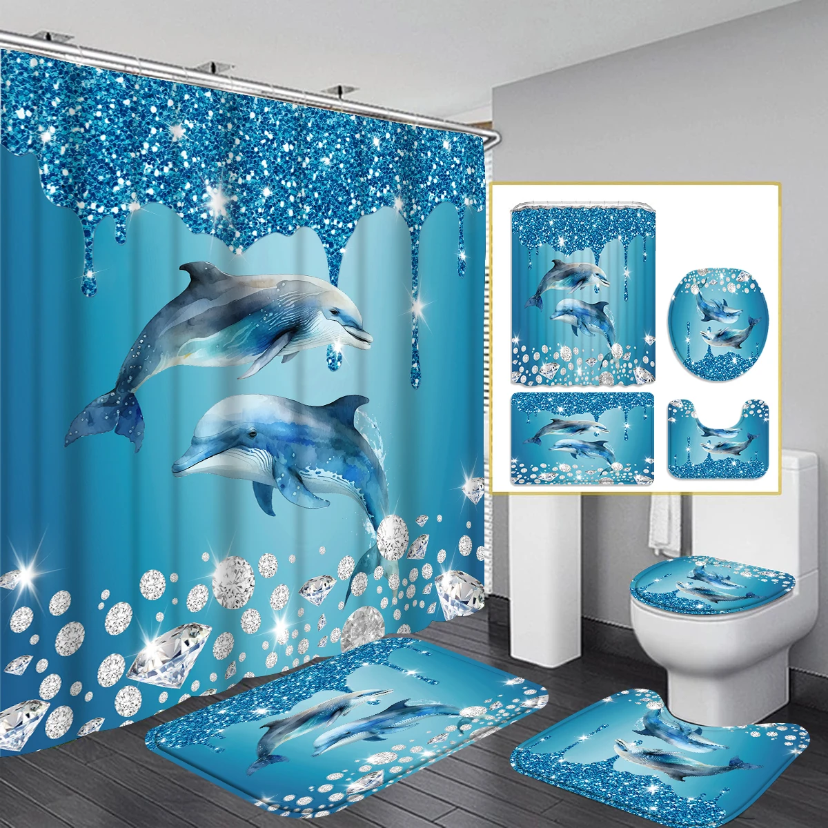 1/4 Piece Shower Curtain Set, Waterproof Bathroom Partition Curtain with Hooks, Anti-Slip Bath Rug, U Shape Mat, Toilet Seat Cov