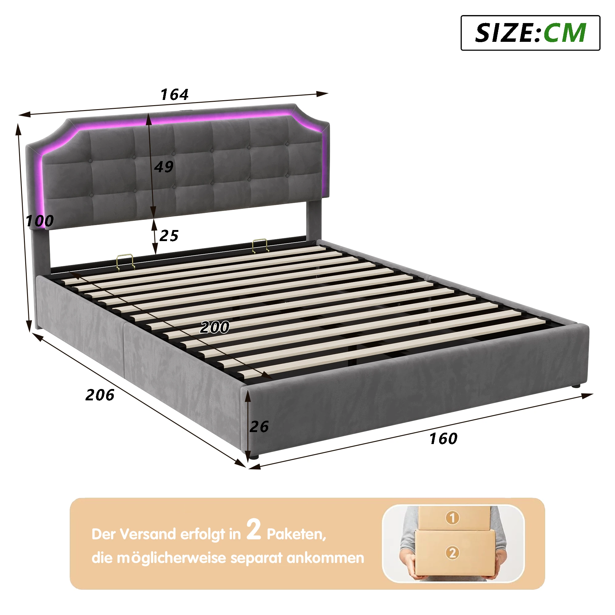 Upholstered storage bed 160x200CM with slatted base,Double bed， Adult bed with lighting strip and USB ,flannel, black