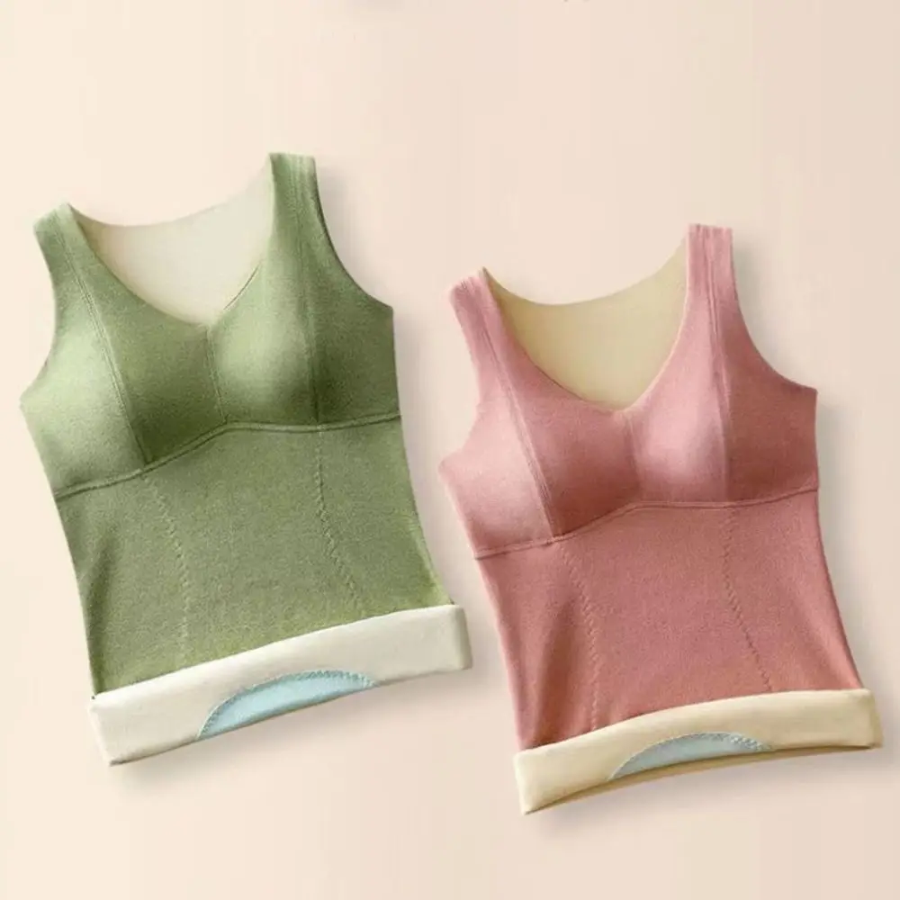 Elastic Solid Color Seamless Thermal Vest With Pads V-neck Plush Camisoles Women Waistcoat Thicken Bottoming Shirt Women Winter