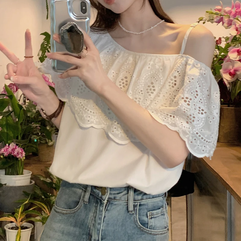 

Elegant Vintage Ruffle Sleeve Shirt Women Sweet Off Shoulder Slash Neck Hollow Lace Blouse Summer White Loose Casual Tops 28130