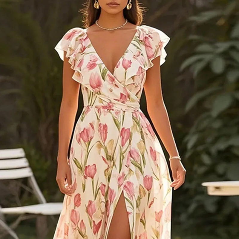 เซ็กซี่ V คอเอวสูงแยกหลวมชุดผู้หญิงฤดูร้อนแขนสั้นพิมพ์ Boho A-Line ชุดลําลอง Hollow Holiday Dresses