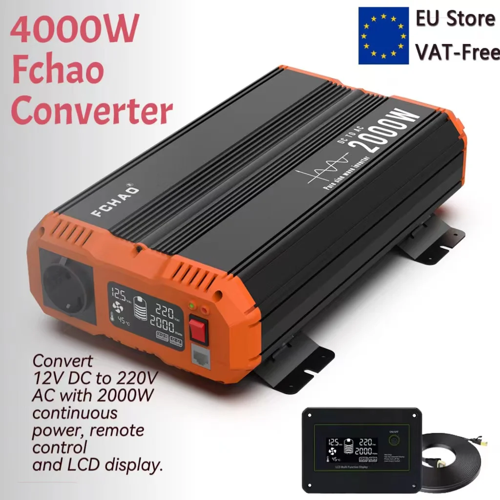 Fchao 12V to 220V Converter 2000W Continuous Power Pure Sine Wave with Remote Control,50Hz,LCD Display