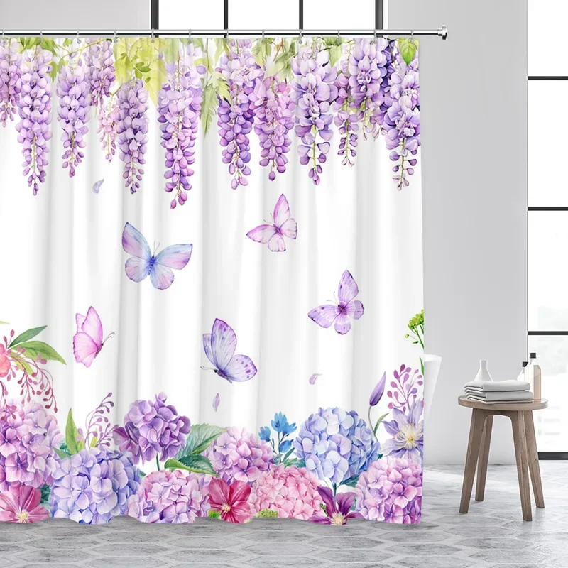 Floral Shower Curtains Purple Lavender Wisteria Cute Elf Butterfly Hummingbird Watercolour Flower Plant Bathroom Curtain Decor