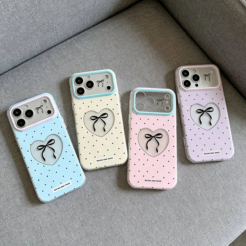 

Ins Fashion Girl Love Heart Bowknot Wave Point IMD TPU Shockproof Case For iPhone 14 15 16 17 Pro Max Back Cover Shell