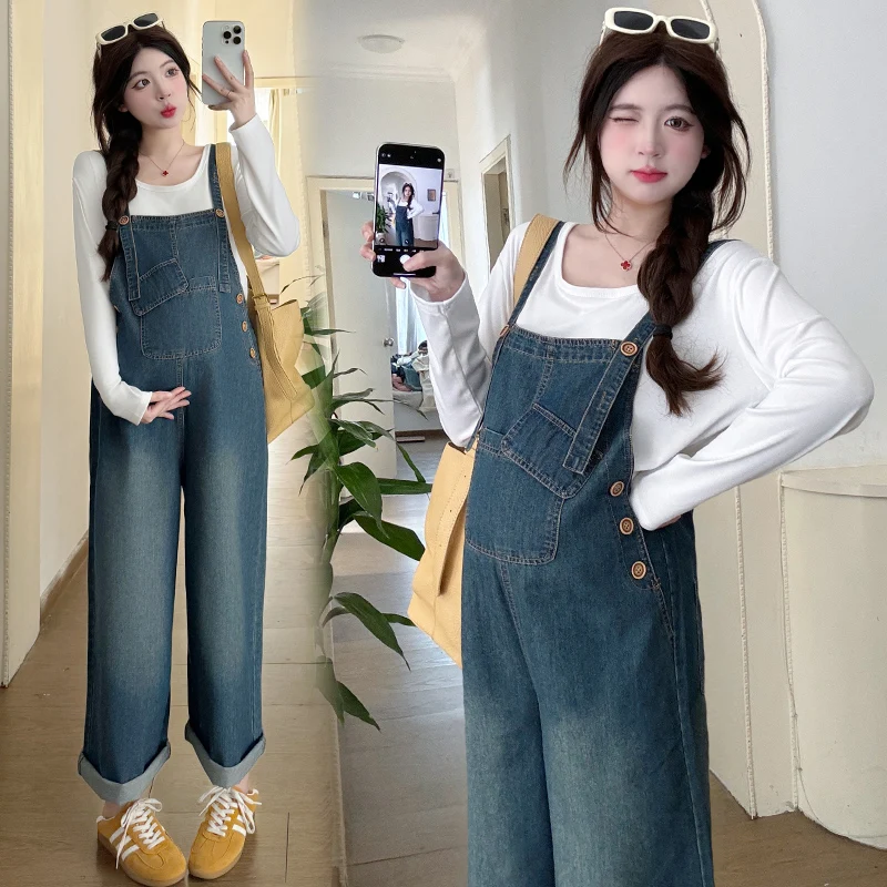 25ss Y2k Youth Pregnancy Jumpsuit Suit 2025 Spring Maternity Wear Korean Style Casual Wide Leg Denim Overalls + Modal Tees Sets