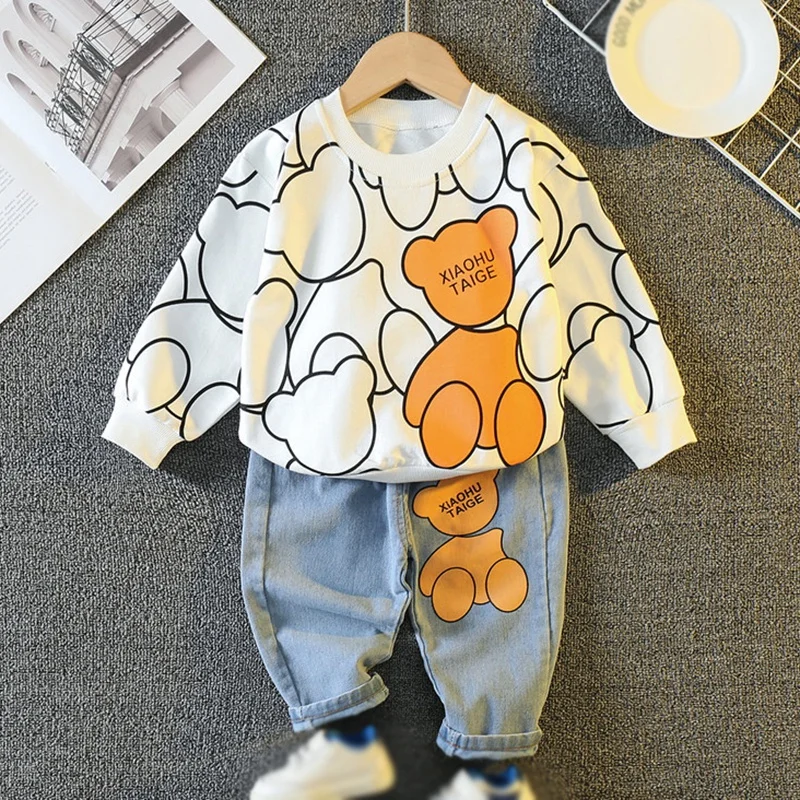 Conjunto de sudadera y pantalones vaqueros con estampado de dibujos animados para niños, trajes de mezclilla de manga larga para niños pequeños,