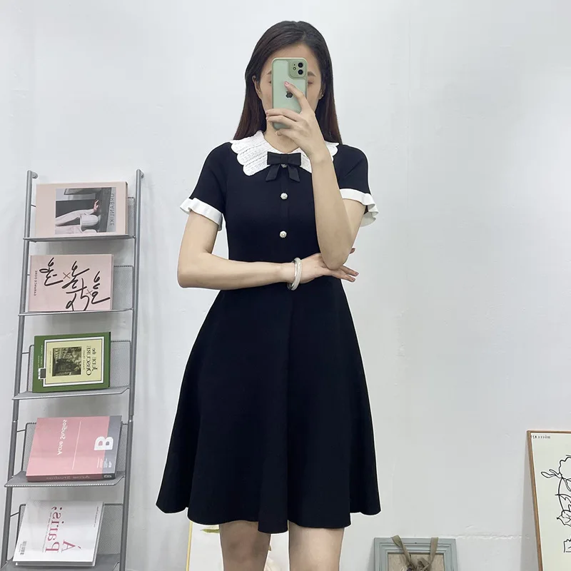 Dophee 2024 New Summer Elegant Women Short Sleeve Knitted Dress Bow Peter Pan Collar Slim Basic Top All-match Short A-line Dress