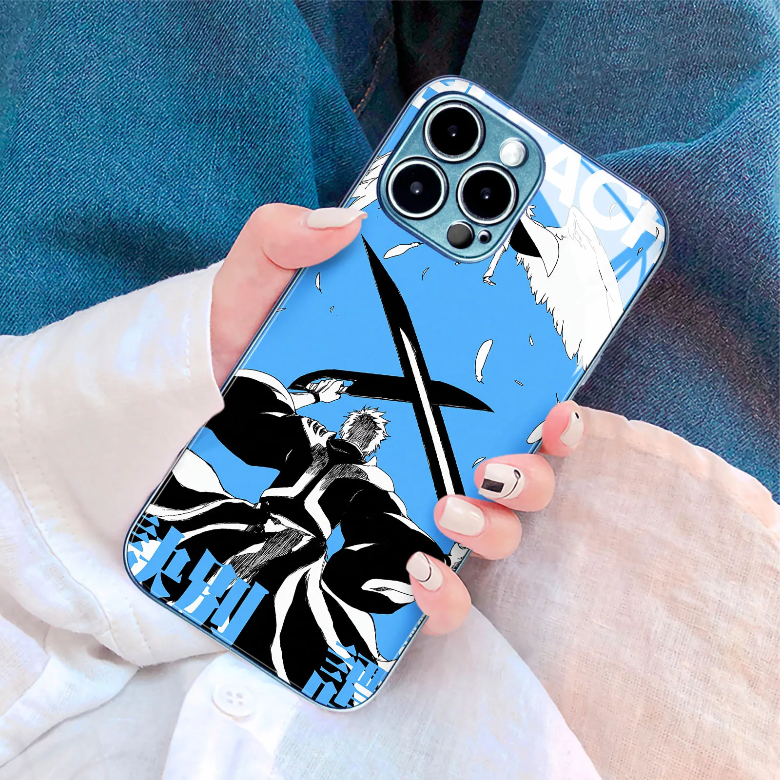 Ichigo Anime Character TPU Tempered Glass Blue Colors Phone Case for iPhone 13 12 Mini 7 8 14 15 Plus 11 14 15 Pro Max