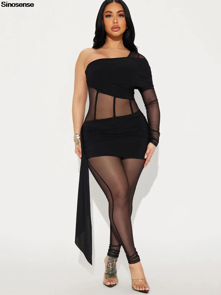 Women See Through Bodycon Black Jumpsuit Sexy One Shoulder Long Sleeve Sheer Mesh Rompers One Piece Night Out Club Party Outfits