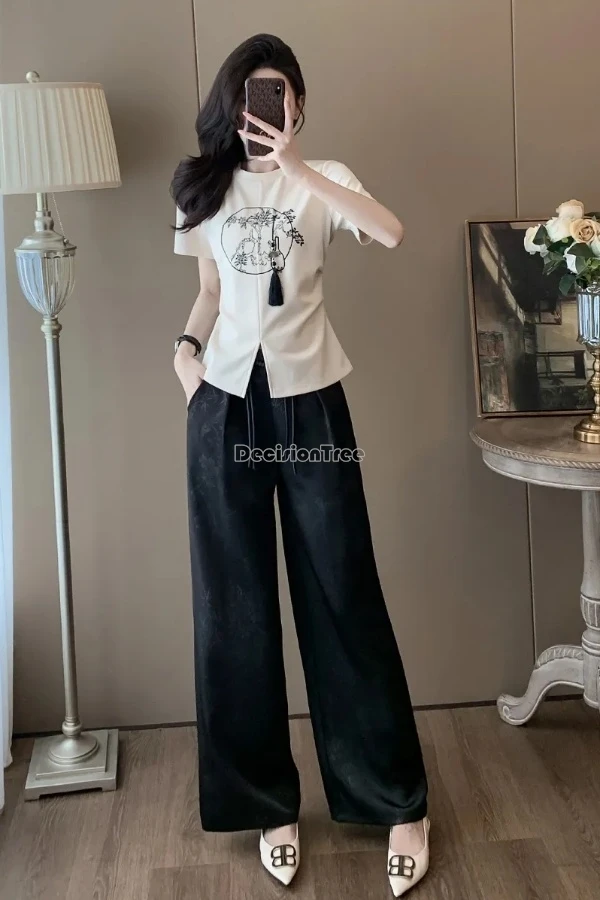 

2025 fashion casual suit women summer new chinese style short sleeve round collar t-shirt wide-leg pants two-piece tang suit set