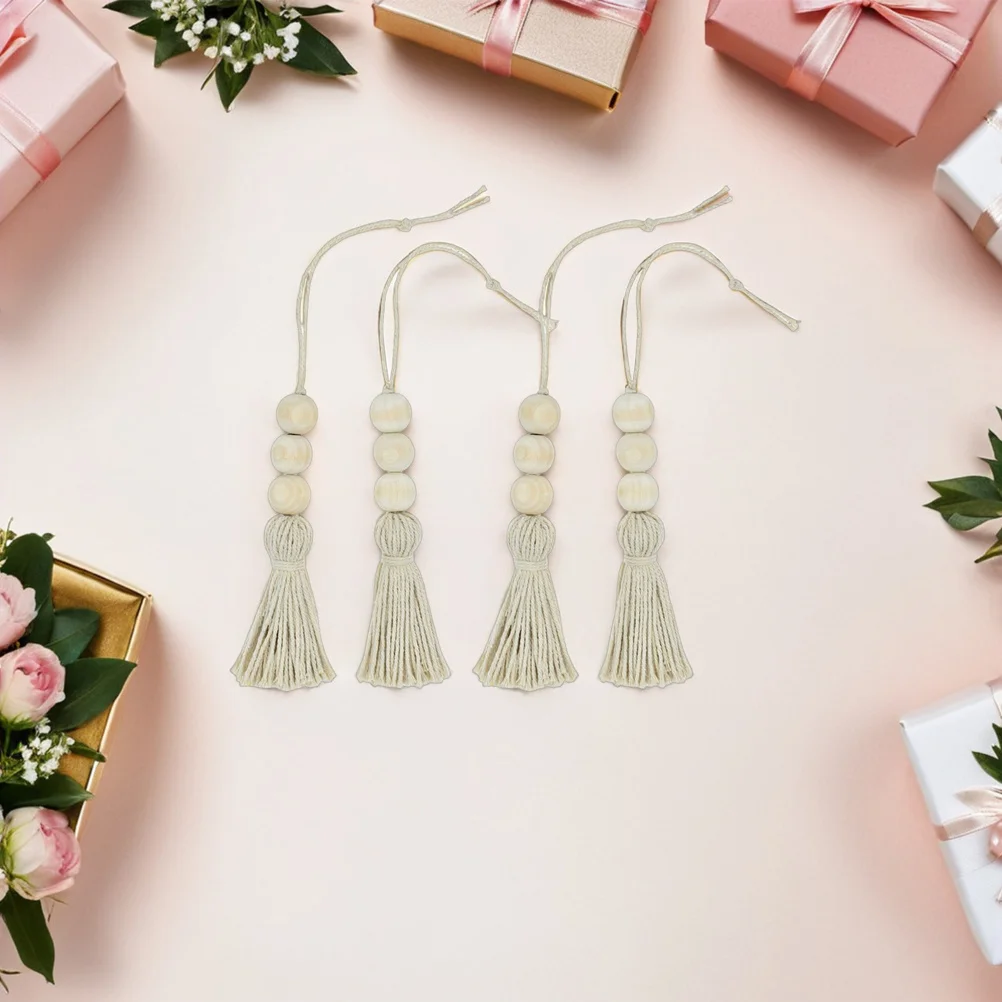 

8Pcs Wooden Beads Tassel Ornaments Cotton String Hanging Decor for Closet Door Handle Handbag Curtain Photography Props