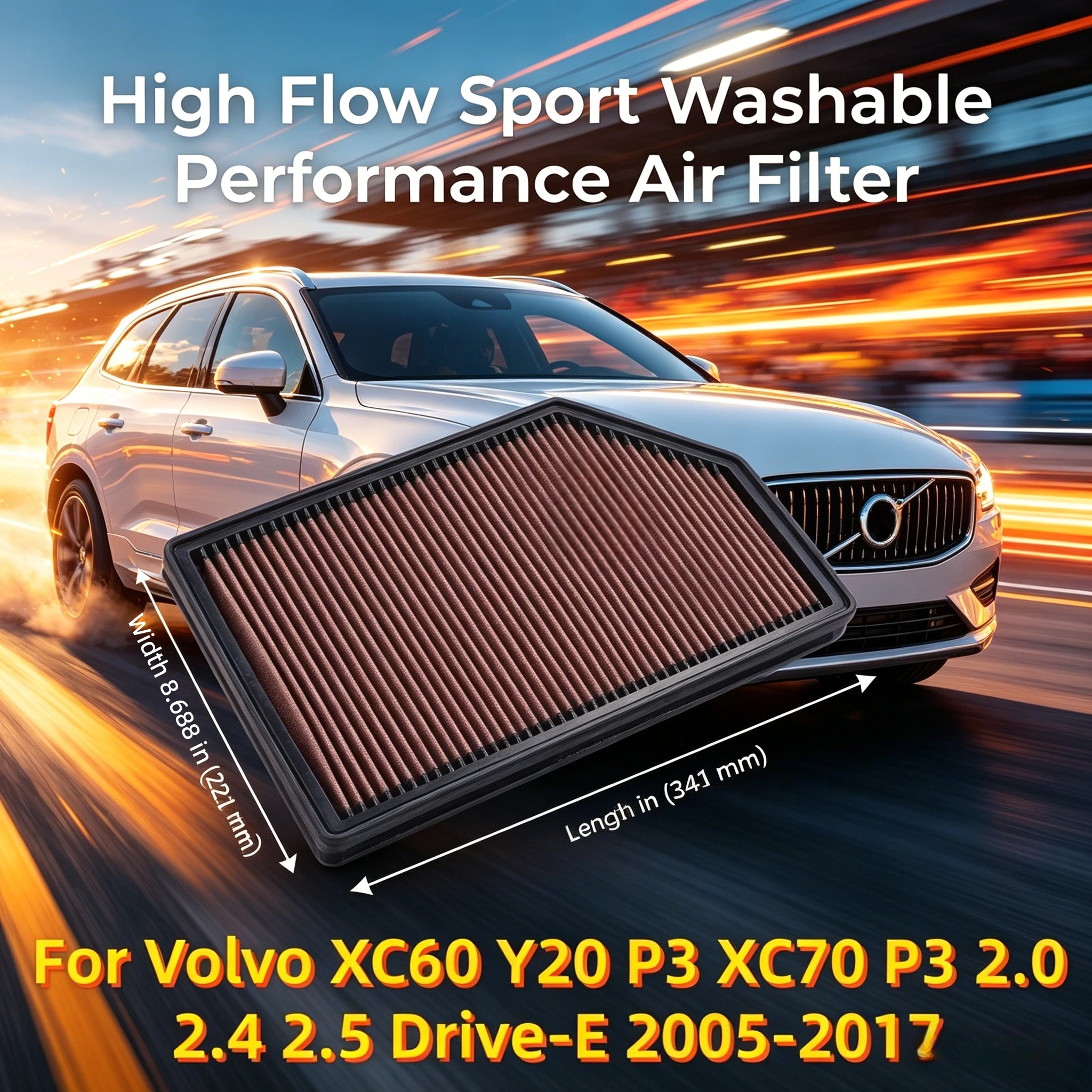 

High Flow Sport Washable Performance Air Filter For Volvo XC60 Y20 P3 XC70 P3 2.0 2.4 2.5 Drive-E 2005-2017 33-2388 30748212