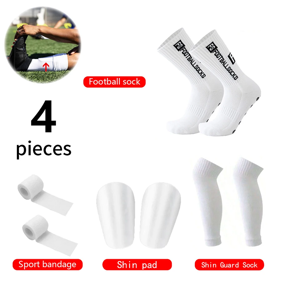 4-teiliges Fußball-Zubehör-Set: Rutschfeste Fußballsocken, Basketballsocken, Schienbeinschoner-Socken, Mini-Schienbeinschützer, Sportbandagen – Detail 1
