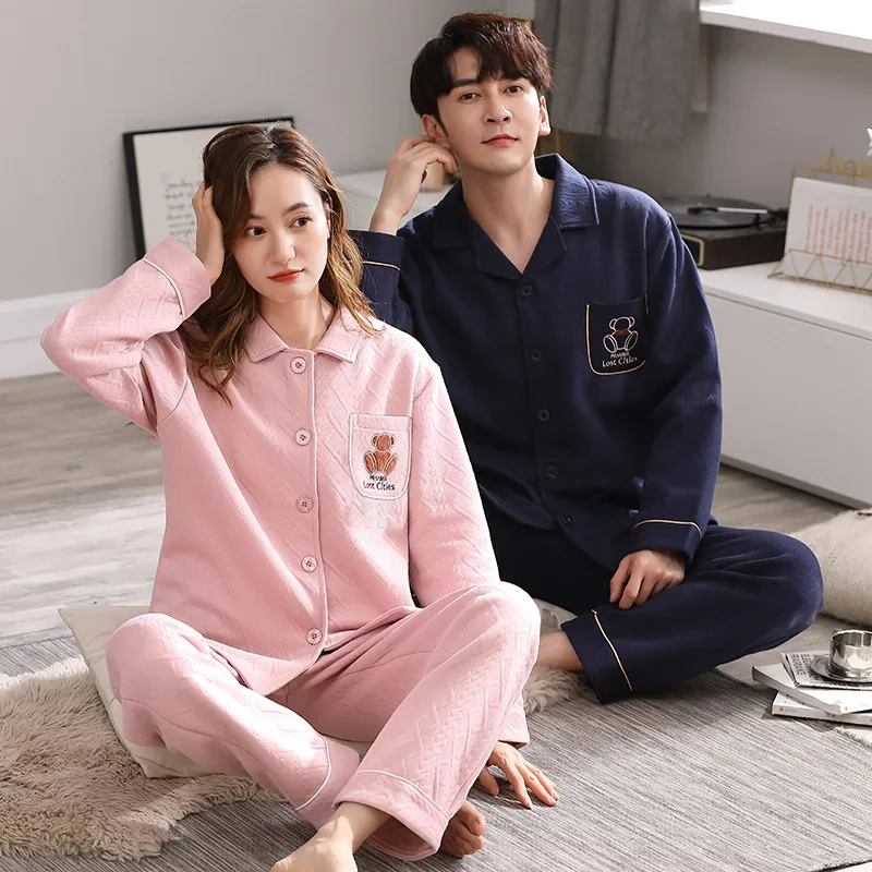 Couple Matching Cotton Sleepwear 2024 New Three-layer Warm Pajamas Set for Autumn and Winter Women Cardigan Pijamas Men Pyjamas