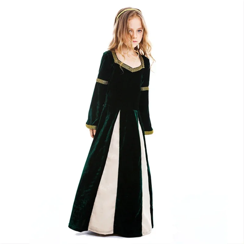 Kids Girls Media Princess Cosplay Fantasy Dark Green Retro Gown Halloween Renaissance Disguise costume Vintage Outfits