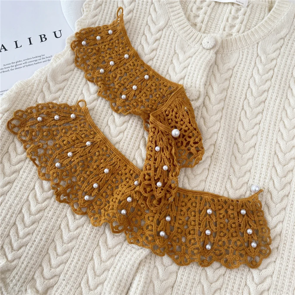 Women Knit Hollow Fake Collar Shawl Fashion Embroidery Shirt False Collar With Pearls Detachable Solid Blouse Decor Neckline