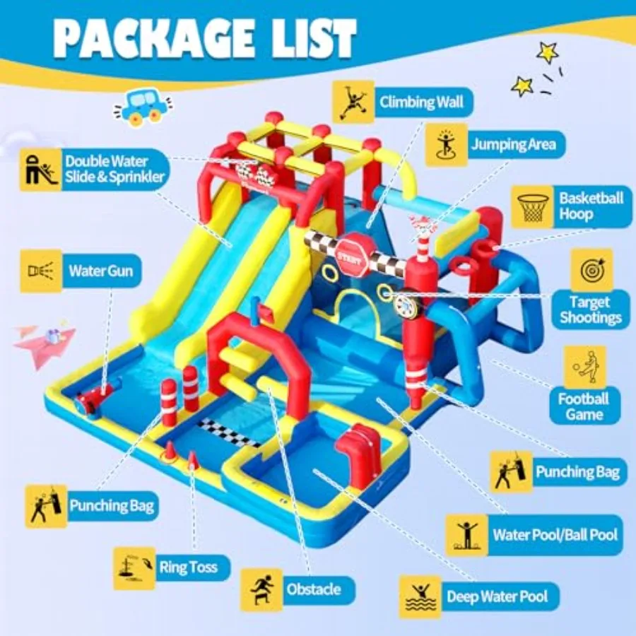 Inflatable Water Slide Bounce House for outdoor use, PVC material, blue and yellow, includes 750W blower, 12-in-1 design with d view 5