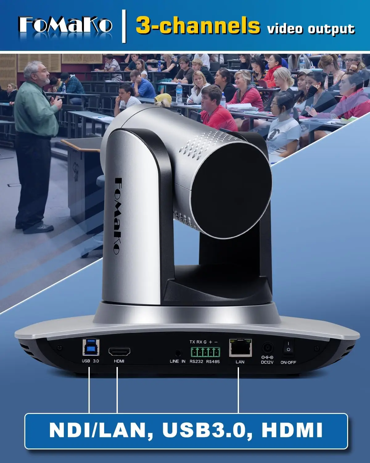 FoMaKo NDI PTZ Camera, AI Auto-Tracking Gen 3, 20x Optical Zoom LAN USB3.0 HDMI PTZ Camera for Church Services Worship Education