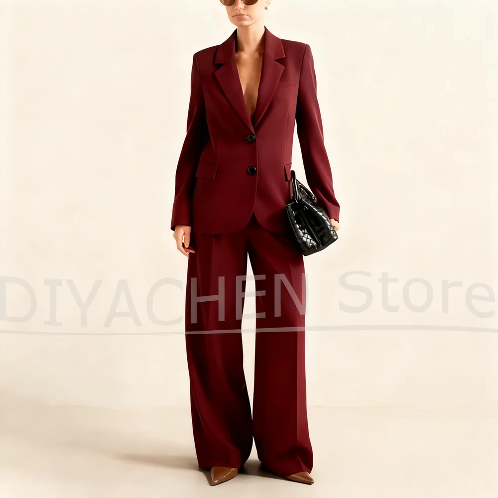 

Женский костюм с лацканами, однобортный офисный повседневный комплект, элегантный тонкий модный пиджак с широкими брюками, комплект из двух предметов
