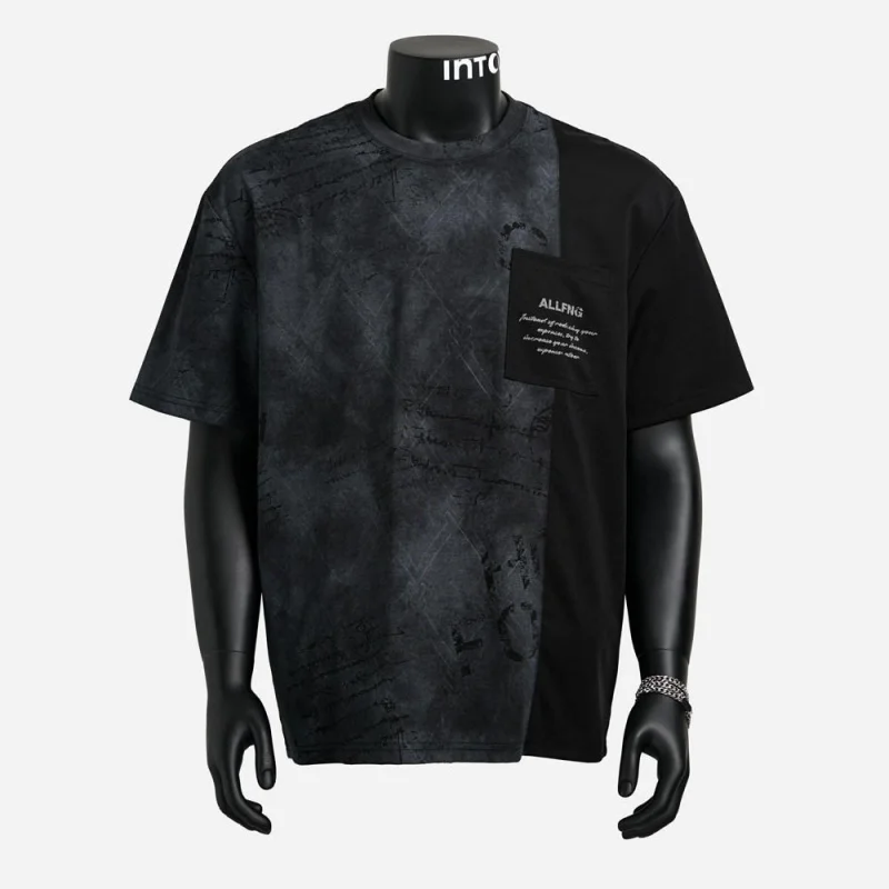 Men's T-Shirt with Korean Delicate Pattern, Patchwork Design, Loose Round Neck, with Pockets, for Summer, Casual Daily Style