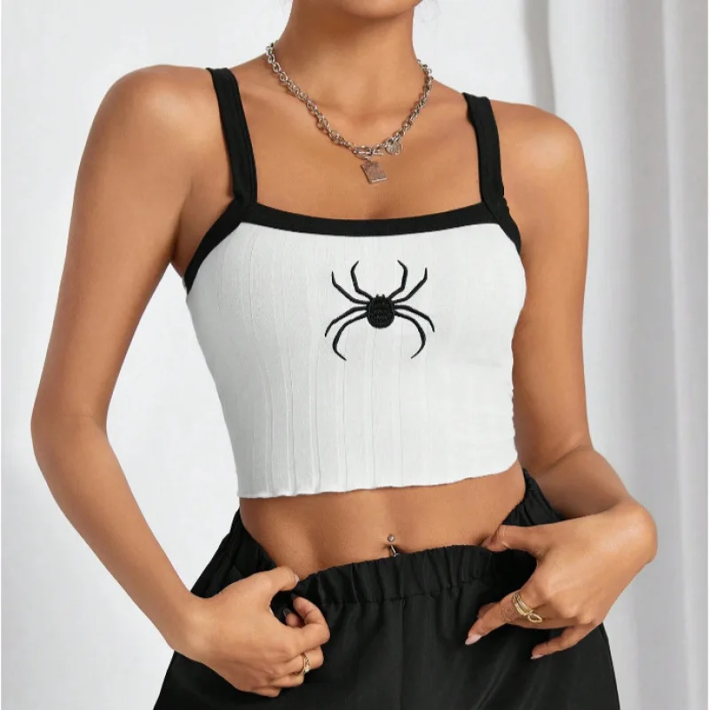 

European and American fashion crop top cross-border Y2K outfit for summer hot girls, slim fit, contrasting color embroidery