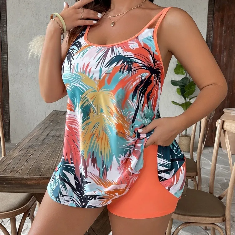 Women 2 Piece Tankini Swimsuit Tropical Palm Leaf Print Tummy Control Flowy Swim Top Orange Trim Boyshort Bottom Bathing Suit