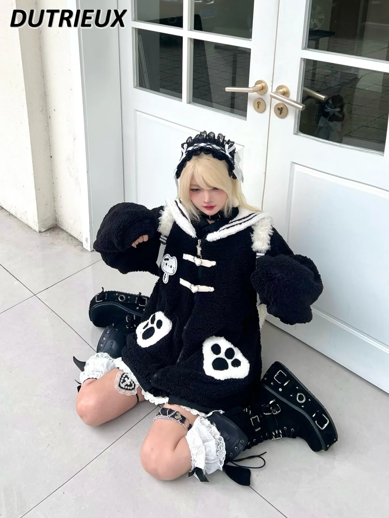 

Sweet Cute Navy Collar Lamb Wool Cotton Coats for Lady Fashion Japanese Style Women's Parkas Loose Casual Jacket Femme New