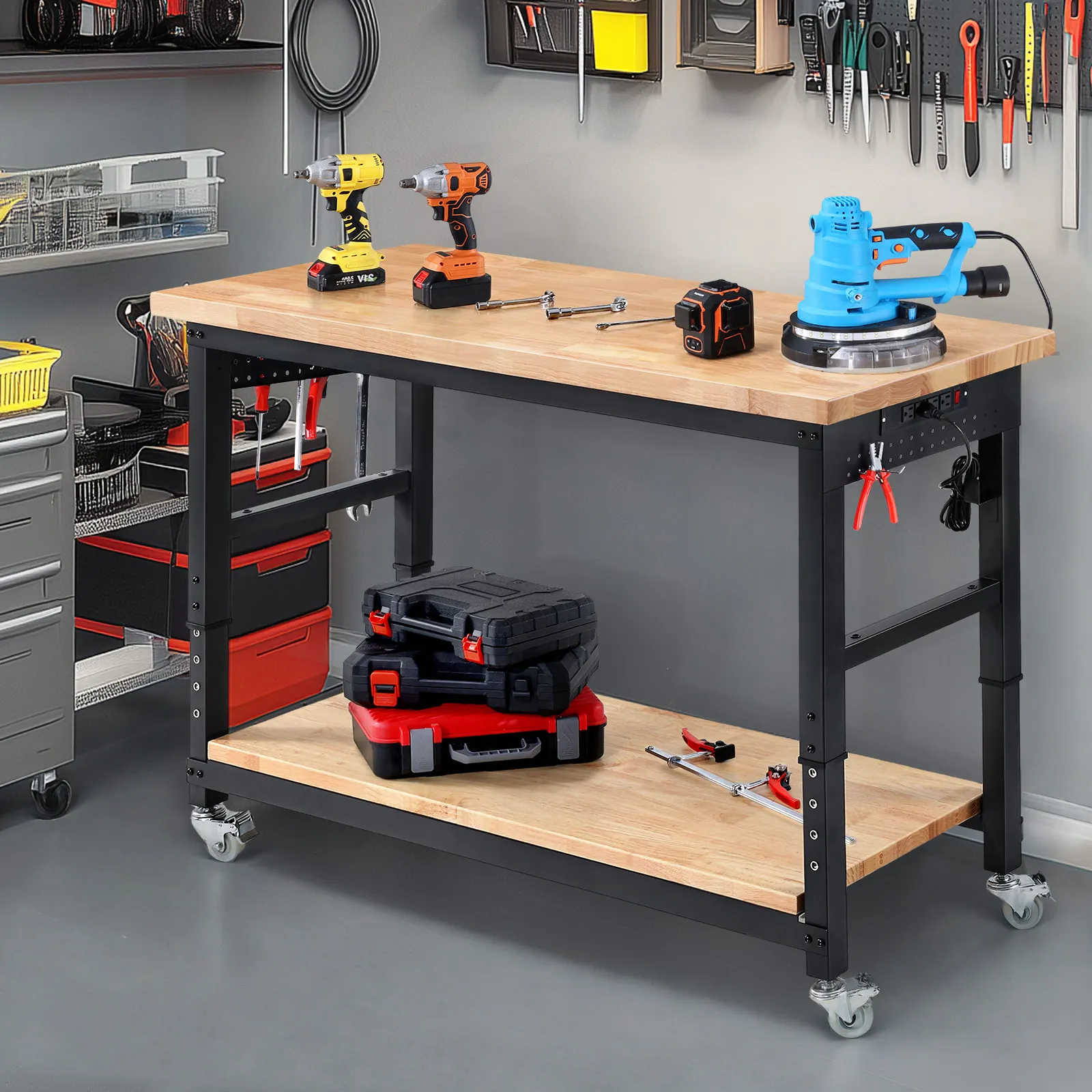 

60" 2 Tier Wood Work Bench with Rolling Wheels and Power Outlets Rubber Wood Table Workstation Garage Desk Table by ENJOYWOOD