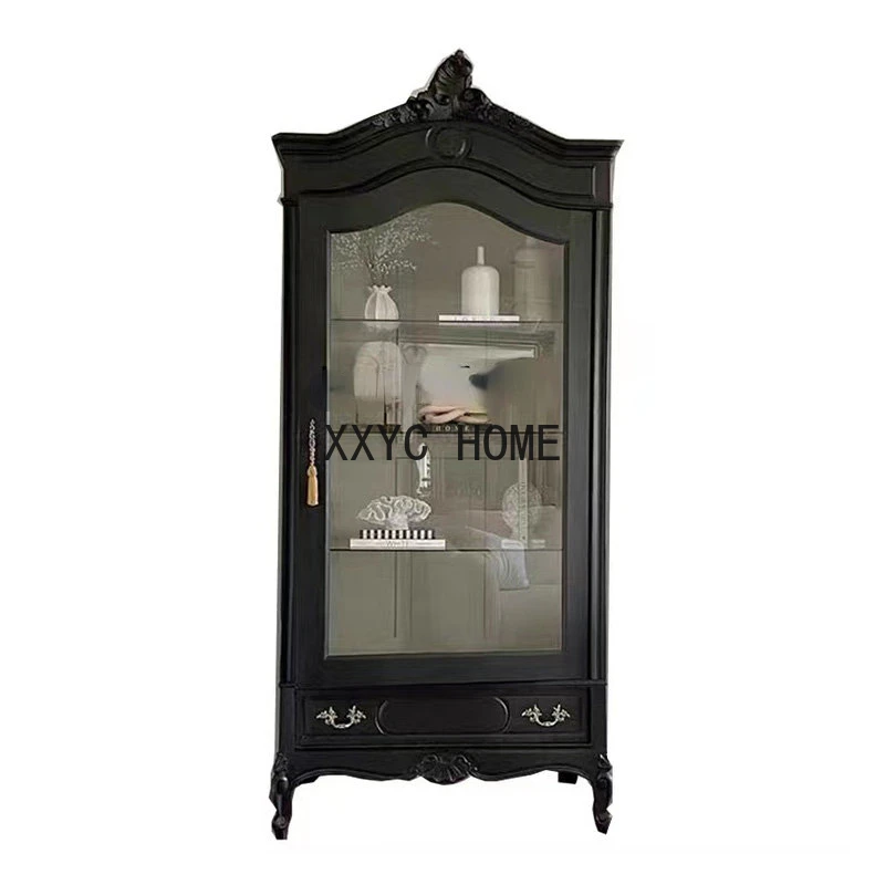 

French Antique Locker Wine Cabinet Retro Affordable Luxury Solid Wood Carved Steel High Wine Cabinet Single Door