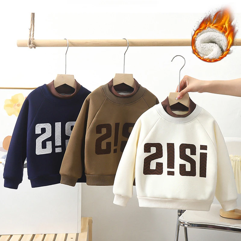 Children High Collar Sweater Winter Boys Long Sleeve T-shirt Small and Medium-sized Children Plush Warm Pullover