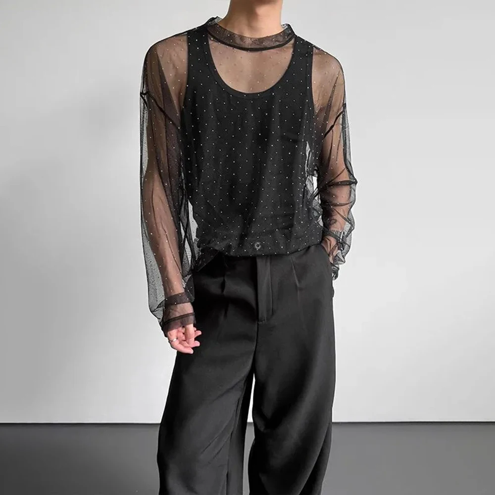 Mens Lightweight Sheer Starry-Print Mesh T-Shirt Fashion Streetwear Clubwear Niche Sexy Outerwear Long Sleeve Top 2026 New