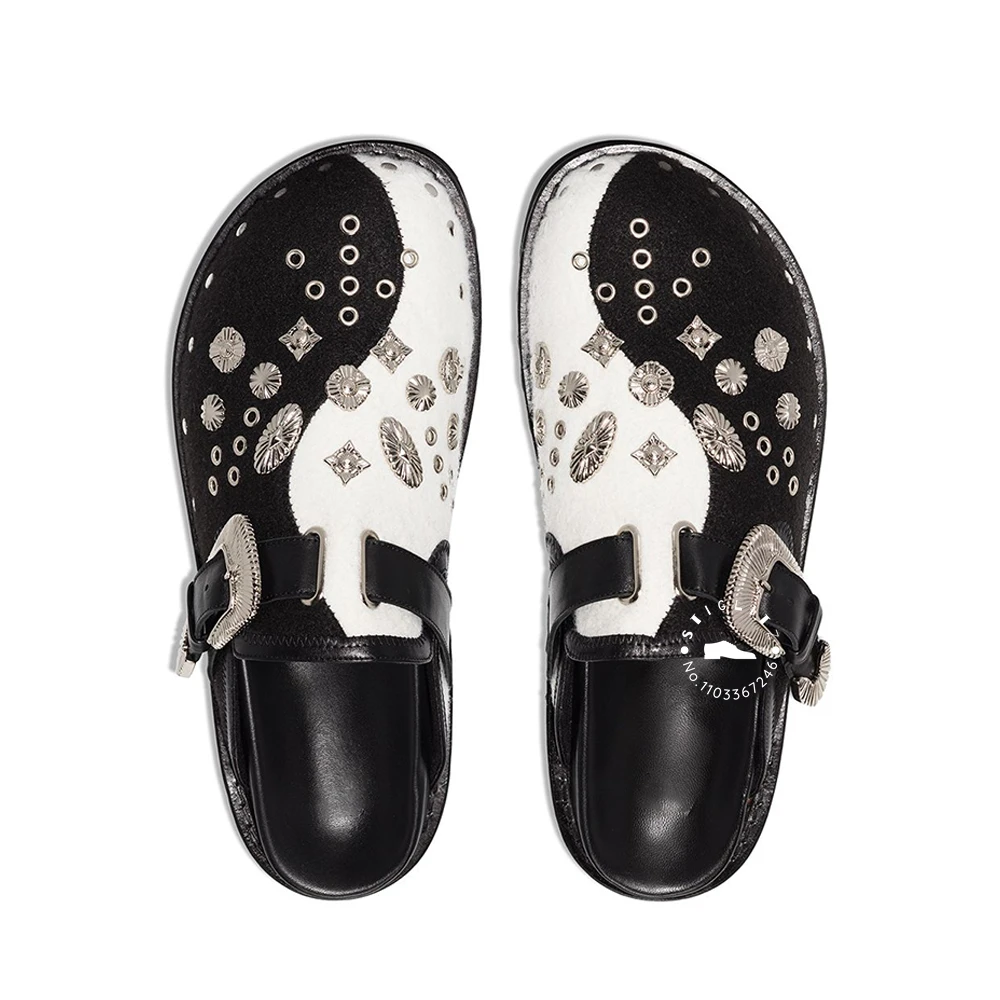 

Metal Decorative Slippers Round Toe Belt Buckle Slip-On Shoes Black White Leather Rivet Slippers Comfortable Shoes Latest Style