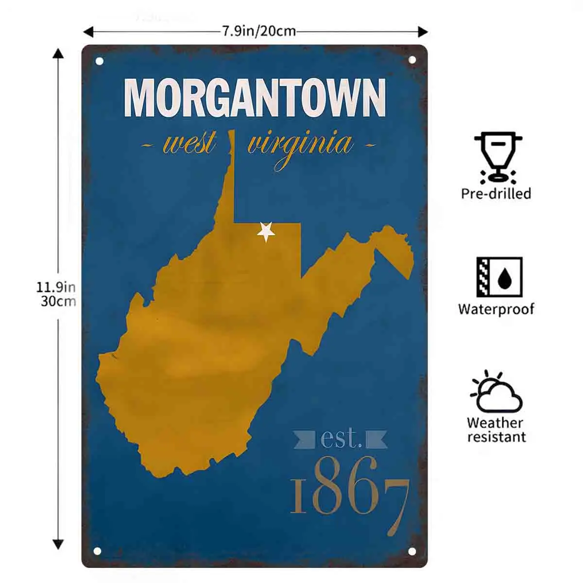 2D FLAT 1pc Morgantown West Virginia Gold Map Metal Wall Sign Decoration for Home Cafe Garage Bedroom Porch And Garden