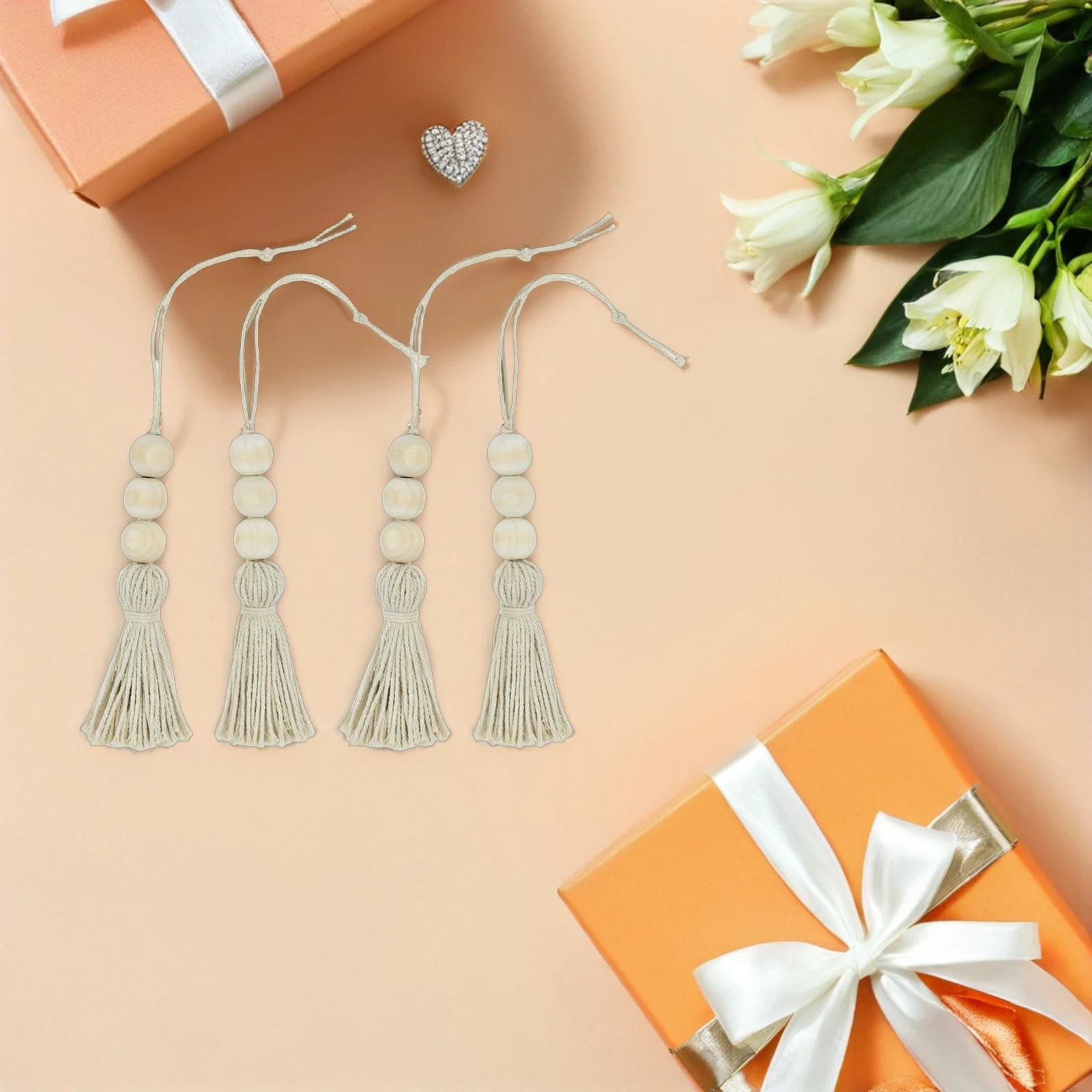 

8Pcs Tassel Beads Ornaments Wooden Hanging Decor for Closet Door Handle Handbag Backpack Keychain Car Interior Photography