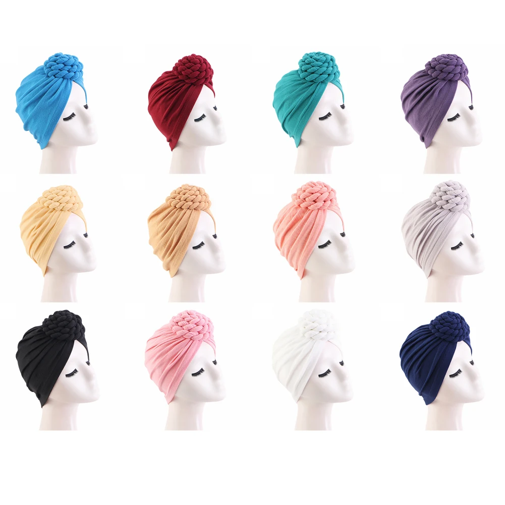 Women Turbans African Muslim Hijabs Headwear Flower Knot Pre-Tied Twisted Braid Head Wraps Hair Cover Beanie Hats