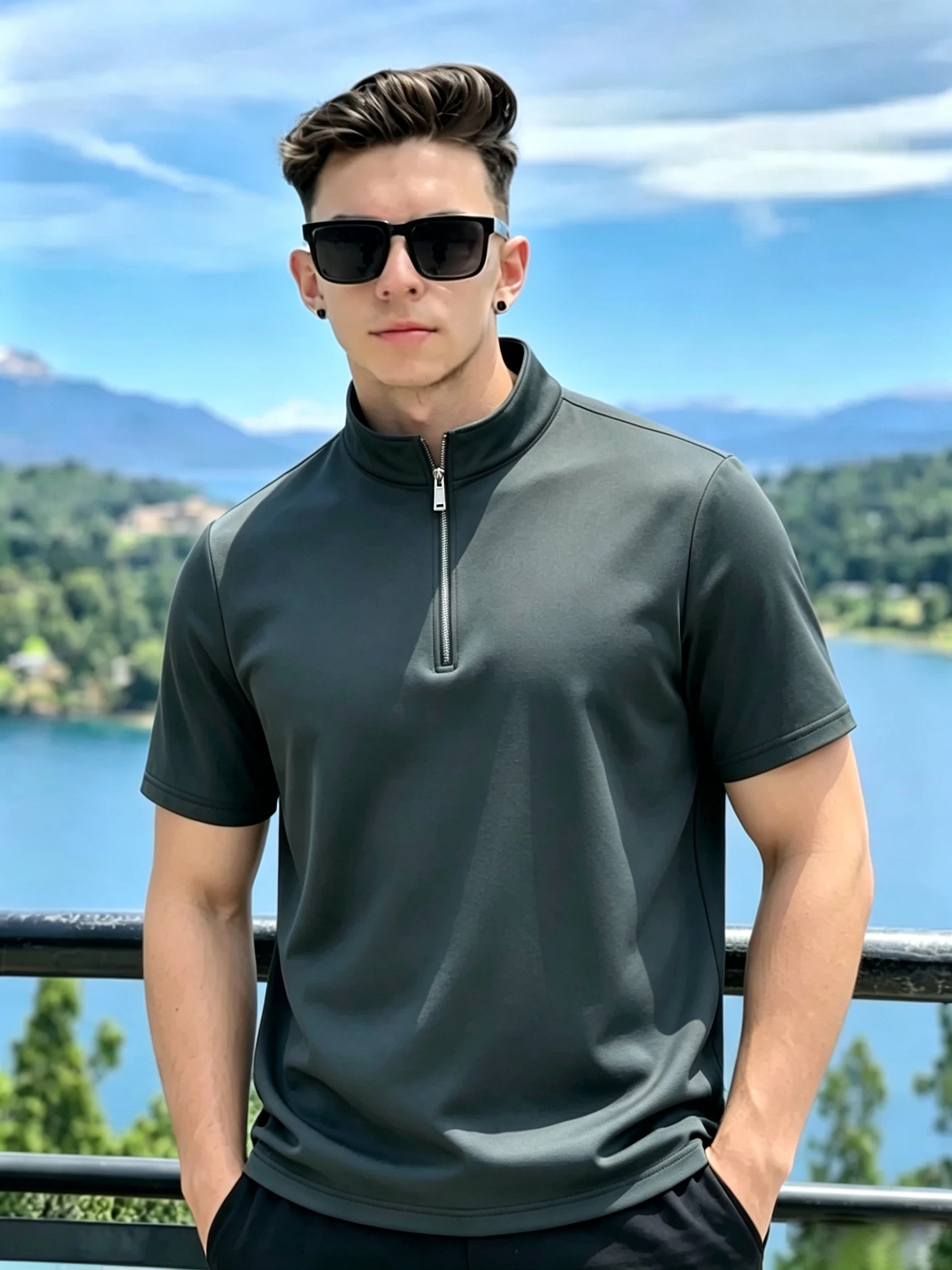 Men's summer short sleeved half zip stand up collar shirt, casual breathable solid color half sleeved shirt, youthful style