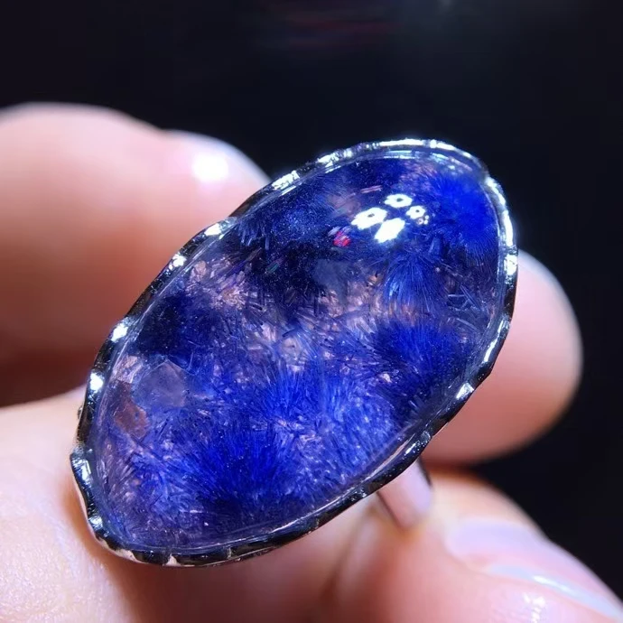 Natural Blue Rutilated Dumortierite Quartz Adjustable Ring 22/12mm Oval Pendant Woman Men Ring Jewelry AAAAAAA